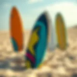 A vibrant surfboard on a sandy beach showcasing design innovation.