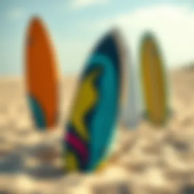Innovative Surfboard Designs A vibrant surfboard on a sandy beach showcasing design innovation.