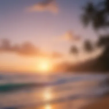 Serene Oahu Sunset with Surfers A stunning sunset view over the Oahu coastline with surfers in the water