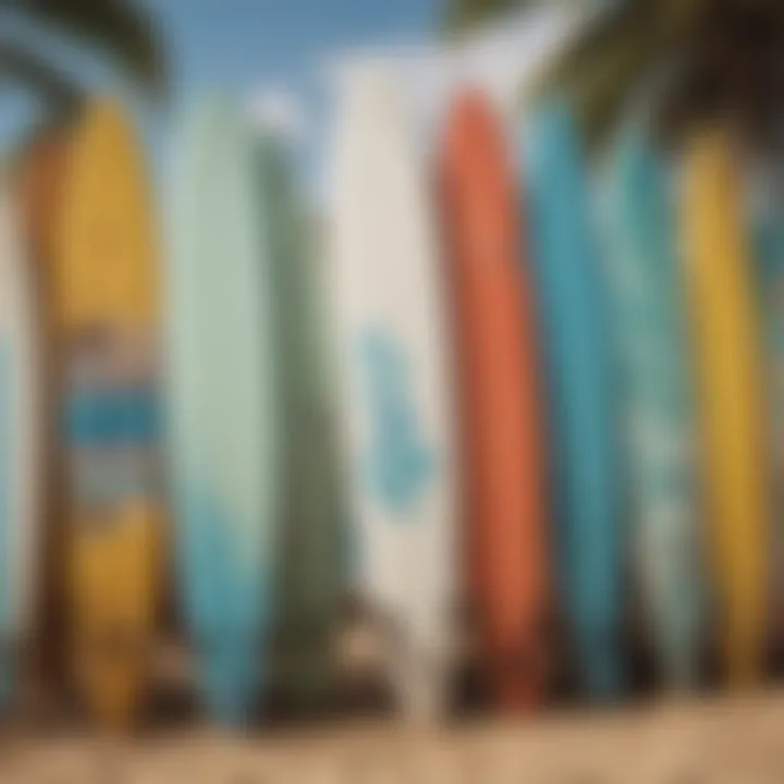 An array of surfboards lined up on the beach, showcasing various designs and colors