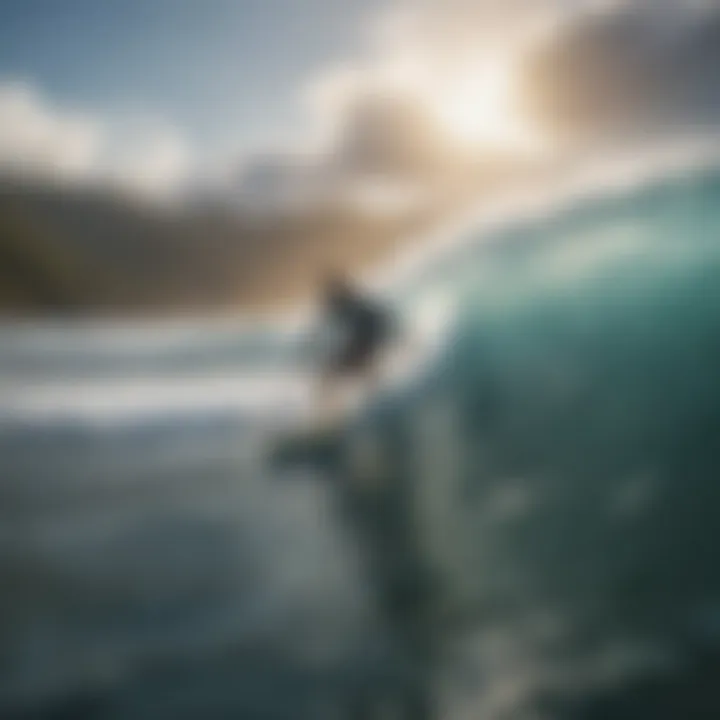 A close-up of a surfer paddling out, with waves crashing around them