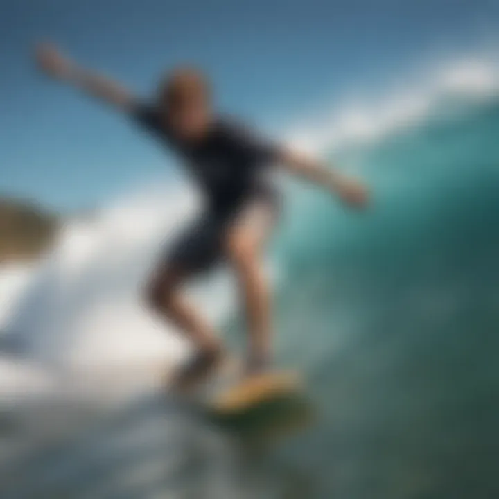A longboard in action, riding a wave with a surfer.