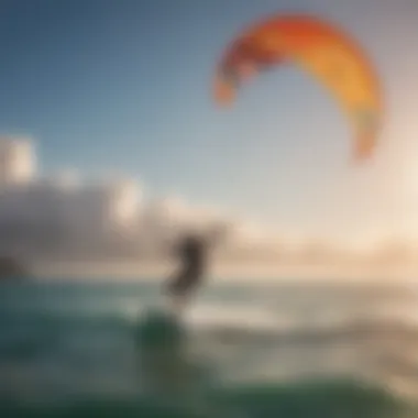 A kitesurfer practicing on the water with a vibrant trainer kite in the sky.