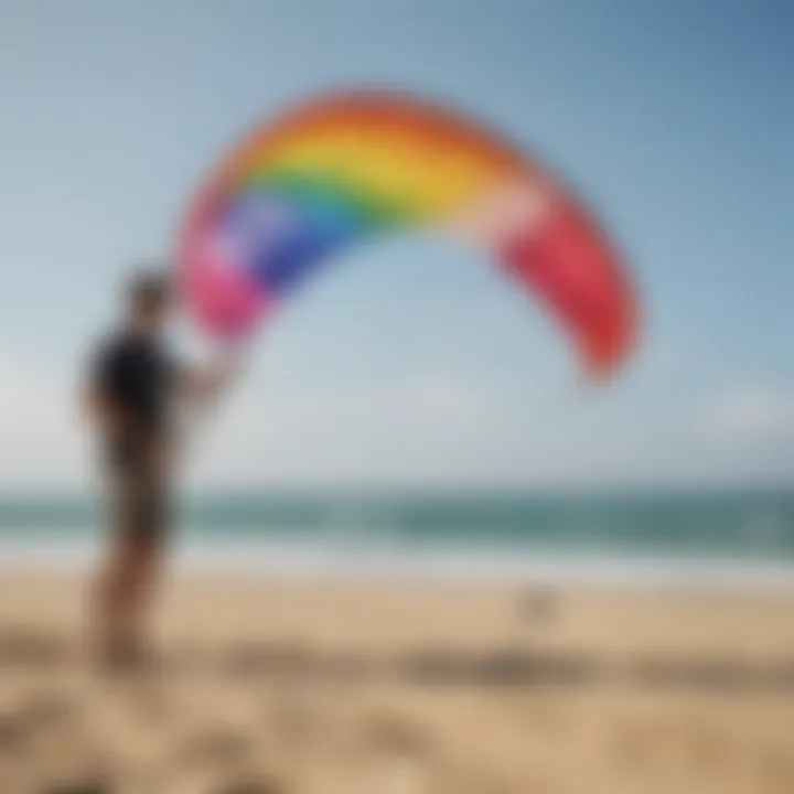 A kitesurfer adjusting the lines and setup of a trainer kite before launching.