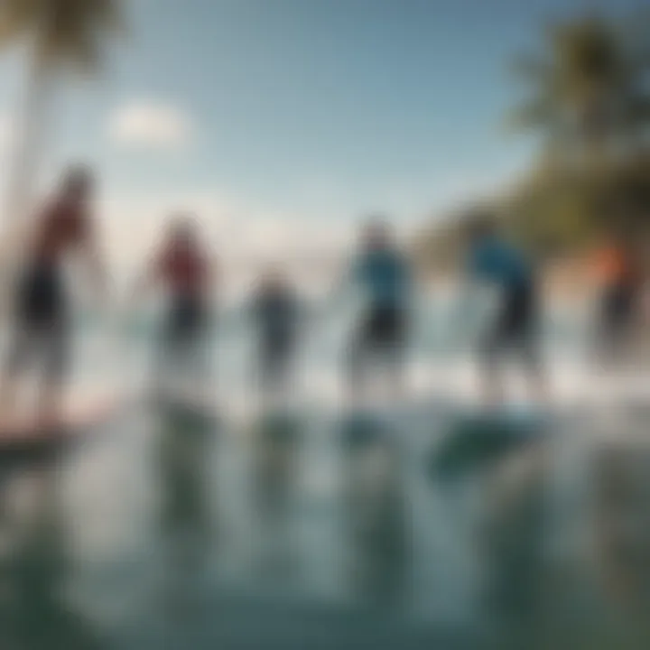 Group of surfers engaging in balance training exercises