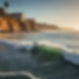 A scenic view of the Santa Cruz coastline with surfers catching waves.