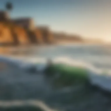 A scenic view of the Santa Cruz coastline with surfers catching waves.