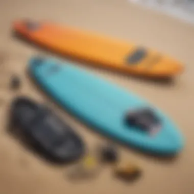 Essential surfing gear laid out on the sand, including a surfboard and wetsuit.