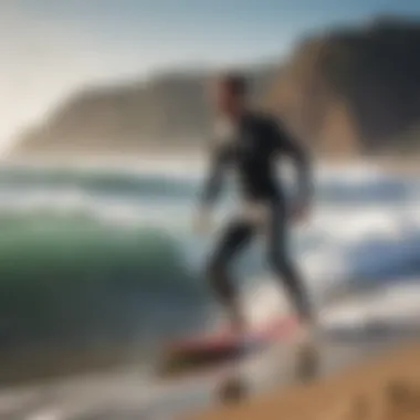 An instructor demonstrating proper surfing stance on the beach.