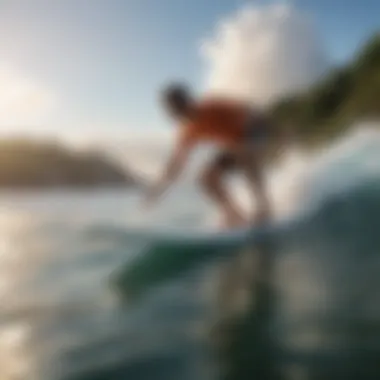 Mastering Balance on the Board A beginner surfer practicing balance on a surfboard