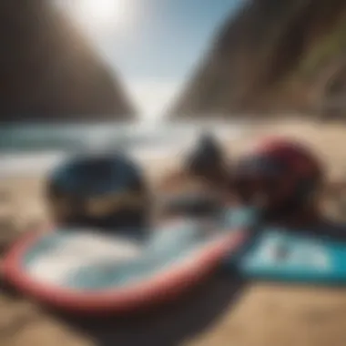 Essential surfing gear laid out on the beach