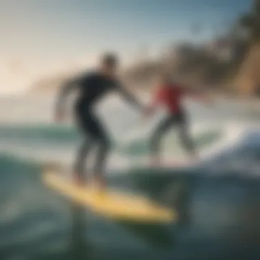 Surf school instructor guiding novices