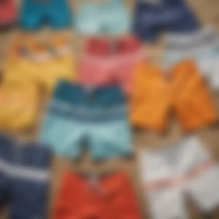 Variety of lined board shorts arranged on a beach