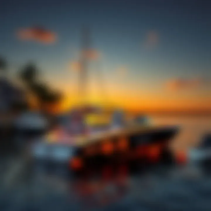 Stylish Mooring at Sunset Stylish wakeboard boat moored at sunset