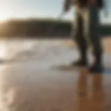 Premium surfcasting waders showcased on a sandy beach