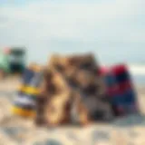 Stylish surfing trunks displayed on a sandy beach