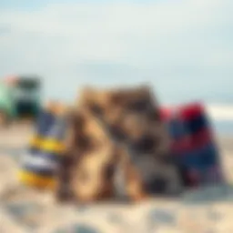 Stylish surfing trunks displayed on a sandy beach