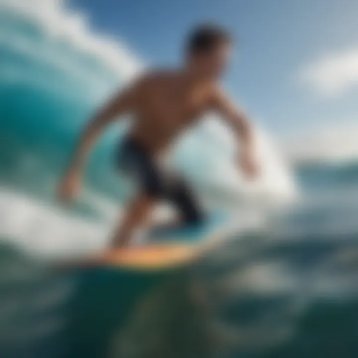 A surfer demonstrating proper technique using swim fins in ocean waves.