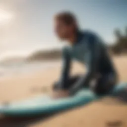 A surfer practicing diaphragmatic breathing on the beach