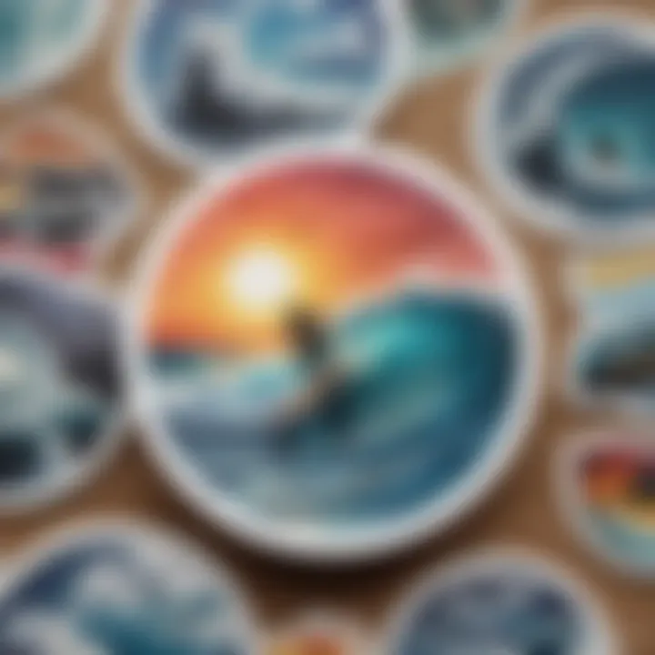 A close-up of a unique catch surf sticker featuring ocean-themed art