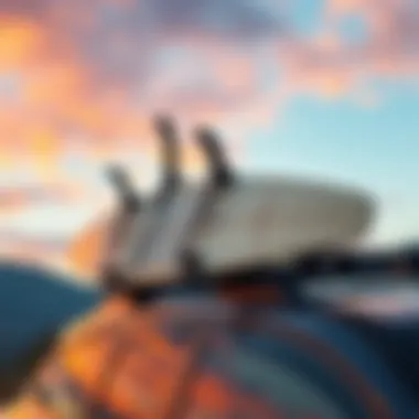 Surfboard Transportation Using Roof Racks Surfboard secured on a roof rack during transportation