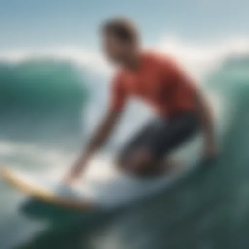 A surfer catching a wave wearing a vibrant surfing shirt