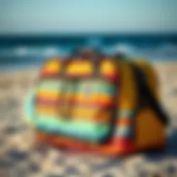 A stylish body board travel bag with vibrant colors displayed on a sandy beach