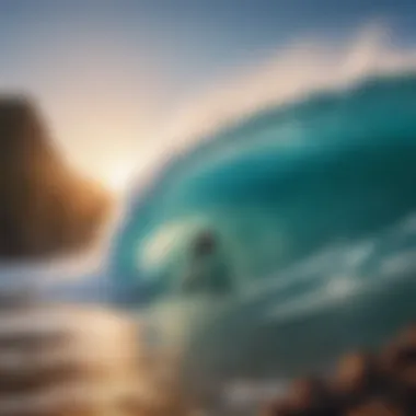 Surfer riding a wave over a reef break