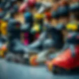 Skating equipment display including skates and protective gear