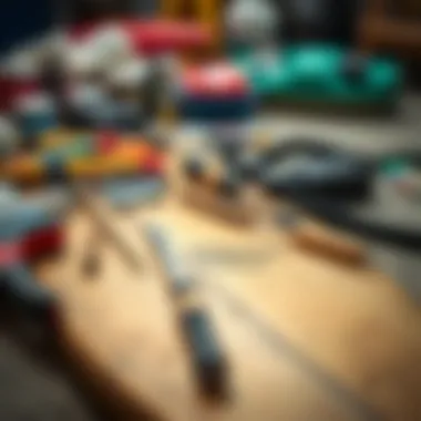 Essential Tools and Materials for Repairs Assorted tools and materials for paddle board repair laid out on a surface