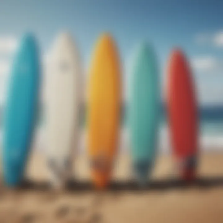 Various types of starter surfboards displayed on a beach