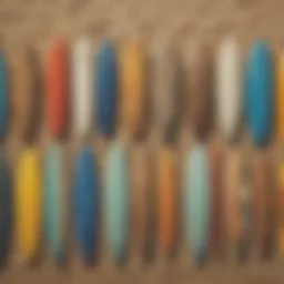 A variety of surfboards lined up on a beach