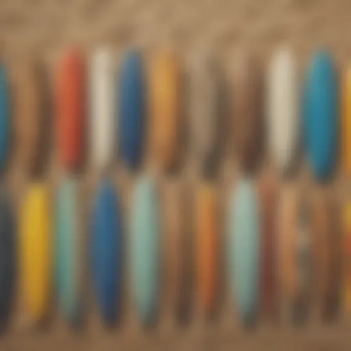 A variety of surfboards lined up on a beach