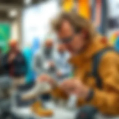 Expert examining windsurfing shoes at a trade show