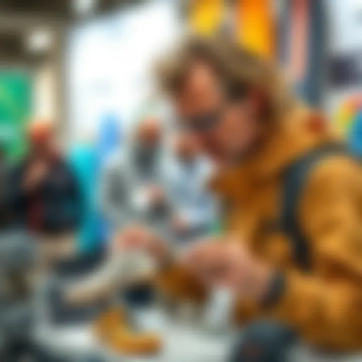 Expert examining windsurfing shoes at a trade show