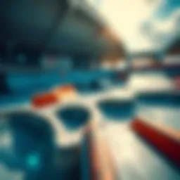 Dynamic angles of a modern skate park showcasing various ramps and features.