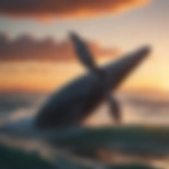 A majestic whale breaching the ocean surface against a sunset backdrop.