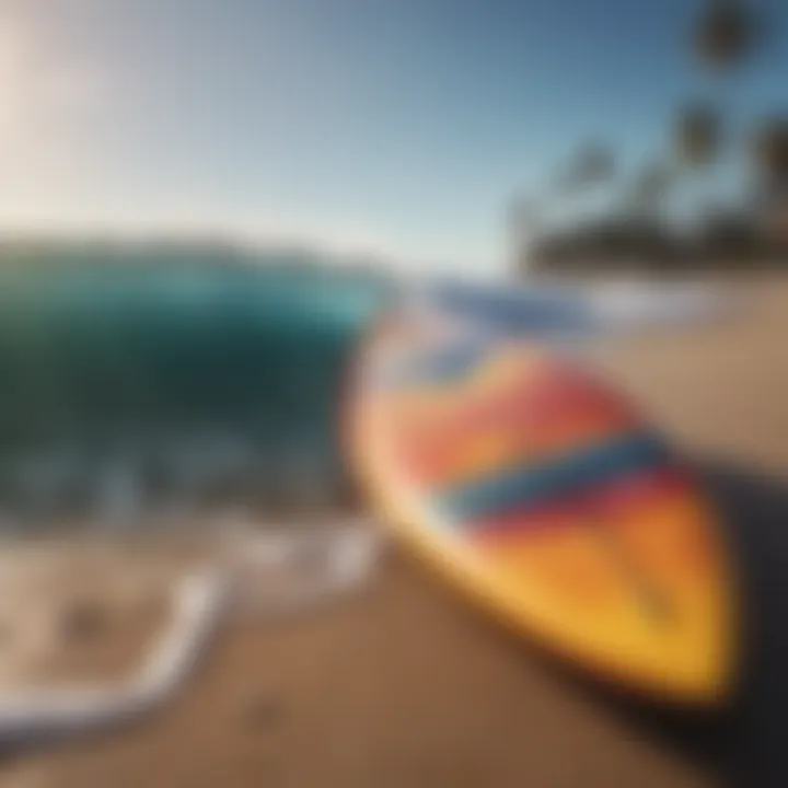 A vibrant WaveStorm surfboard resting on the beach with ocean waves in the background.