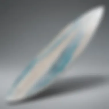 Side profile of a WaveStorm surfboard highlighting its streamlined shape and fins.