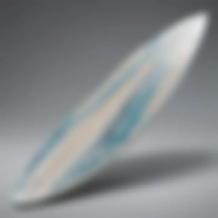 Side profile of a WaveStorm surfboard highlighting its streamlined shape and fins.