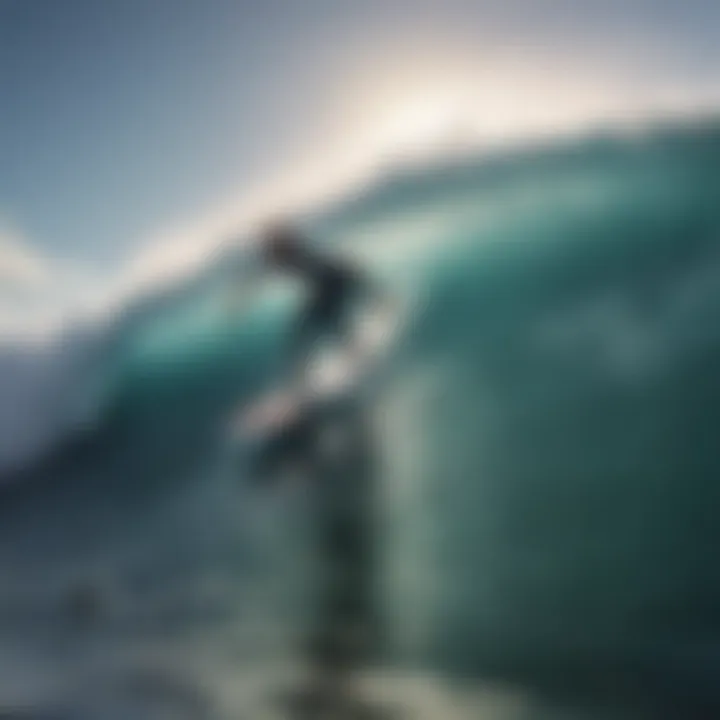 A surfer riding a WaveStorm surfboard on a wave, demonstrating its performance.