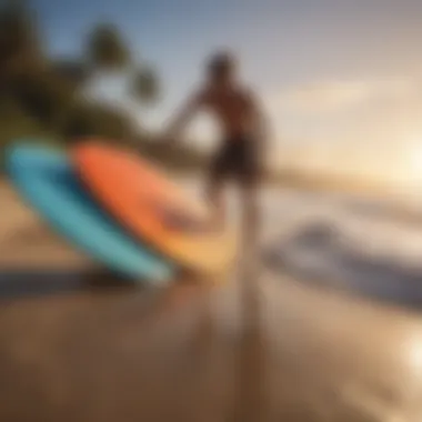 A serene coastal view showcasing a variety of skim boards lined up on the beach.