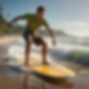 An artist demonstrating the technique of skimboarding on a calm beach.