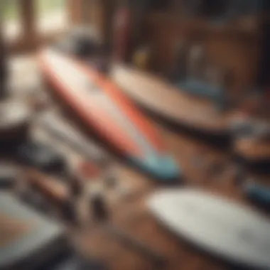 Tools required for surfboard creation arranged on a workspace