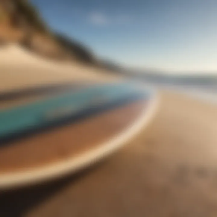 Surfboard leaning against a sandy beach