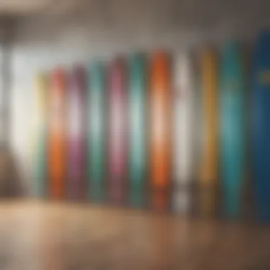 An artistic display of colorful surfboards mounted on a modern wall