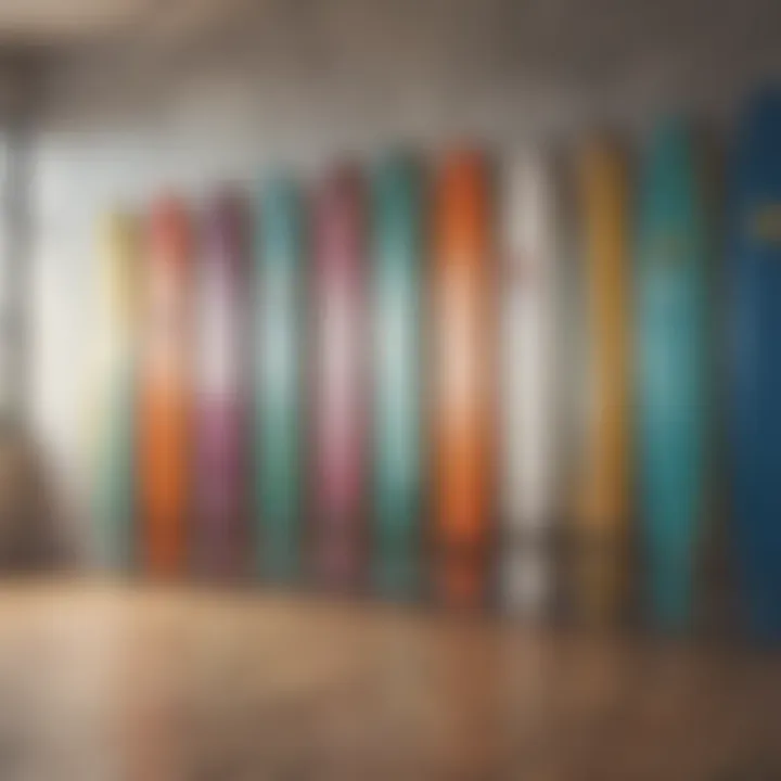 An artistic display of colorful surfboards mounted on a modern wall