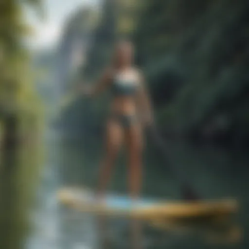 A beginner paddler balancing on a paddle board in calm waters