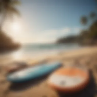 A scenic view of various paddle boards on a beach