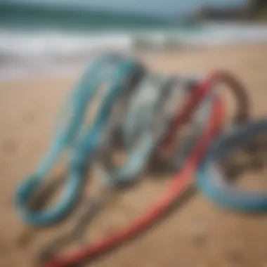 Close-up of different surf leash sizes on display